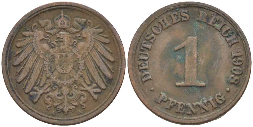 ГЕРМАНИЯ 1 ПФЕННИНГ 1908 А KM 10, J. 10 медь 201-928
