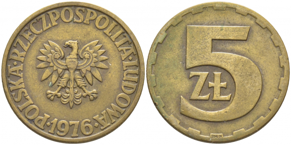Польша 5 злотых 1976 монетный двор Ленинград (ЛМД) KM 81.1, Parchimowicz 221b латунь 3856-841