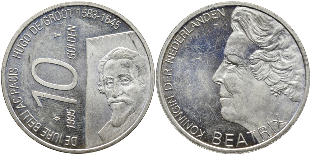 Нидерланды 10 гульденов 1995 300 лет со дня смерти Хьюго Грута, королева Беатрикс KM 220 серебро 441-1414