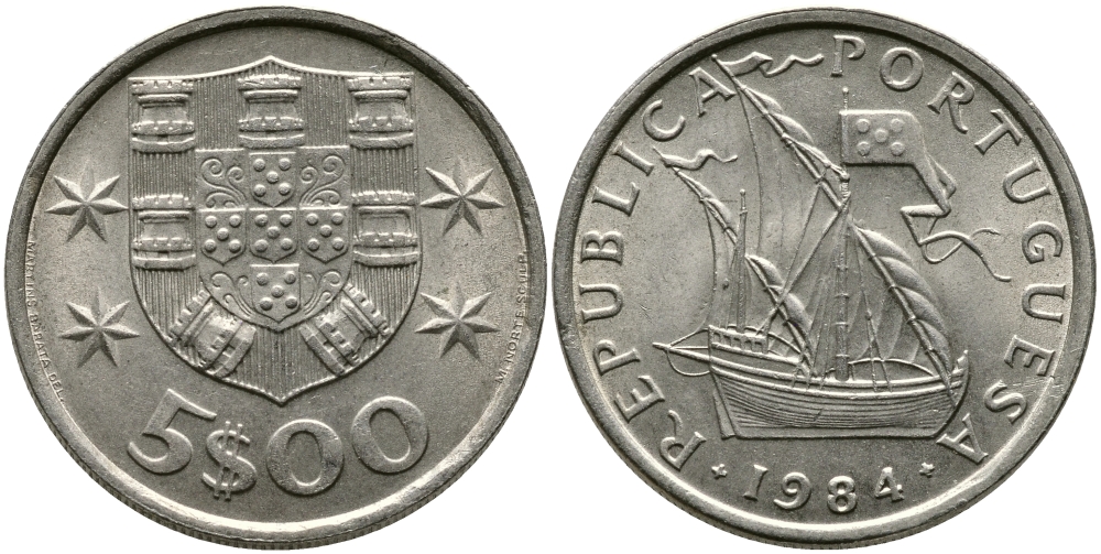 ПОРТУГАЛИЯ 5 ЭСКУДО 1984 ПАРУСНИК KM 591 медно-никель 65-1125