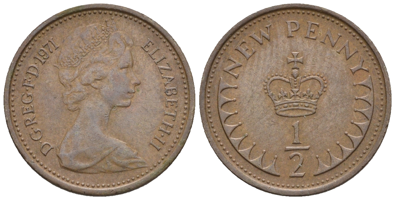 Великобритания 1/2 пенни 1971 Елизавета II (1952-2022) KM 914, Spink 4239 бронза 3309-1026