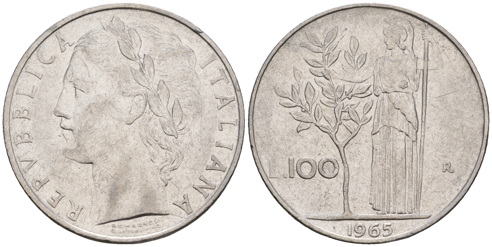 Италия 100 лир 1965 R, богиня Афина KM 96.1 нержавеющая сталь 259-146