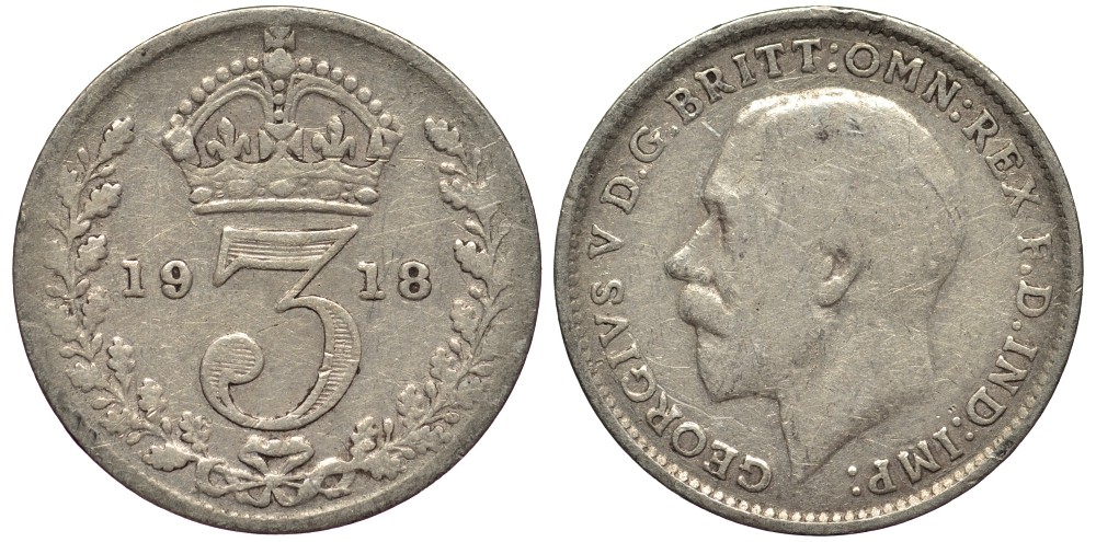 Великобритания 3 пенса 1918 Георг V (1910-1936) KM 813, Spink 4015 серебро 4528-463