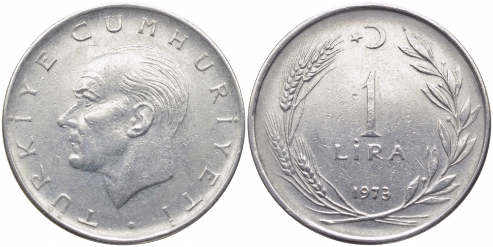 Турция 1 лира 1973 Мустафа Кемаль Ататюрк KM 889а.2 нержавеющая сталь 3856-846