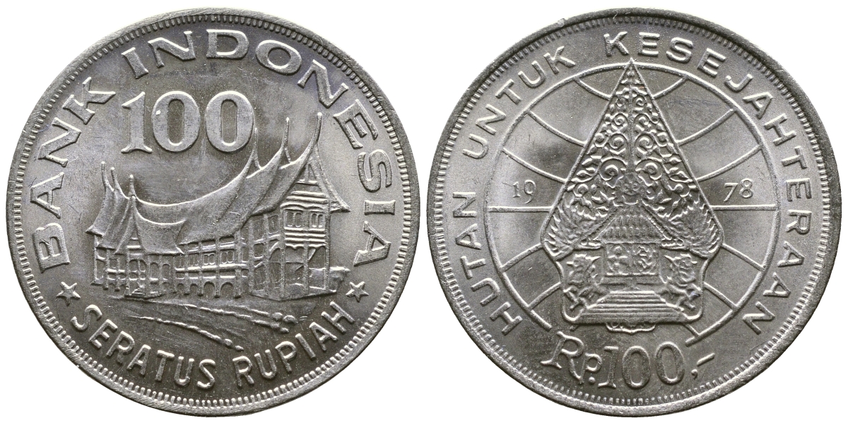 Индонезия 100 рупий 1978 хижина Минангкабау, легендарное дерево жизни KM 42 медно-никель UNC 176-1114