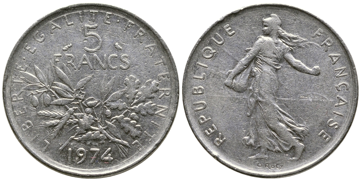 ФРАНЦИЯ 5 ФРАНКОВ 1974 СЕЯТЕЛЬ KM 926a.1, LE FRANC 341.6 медно-никель плакированный никелем 36-216