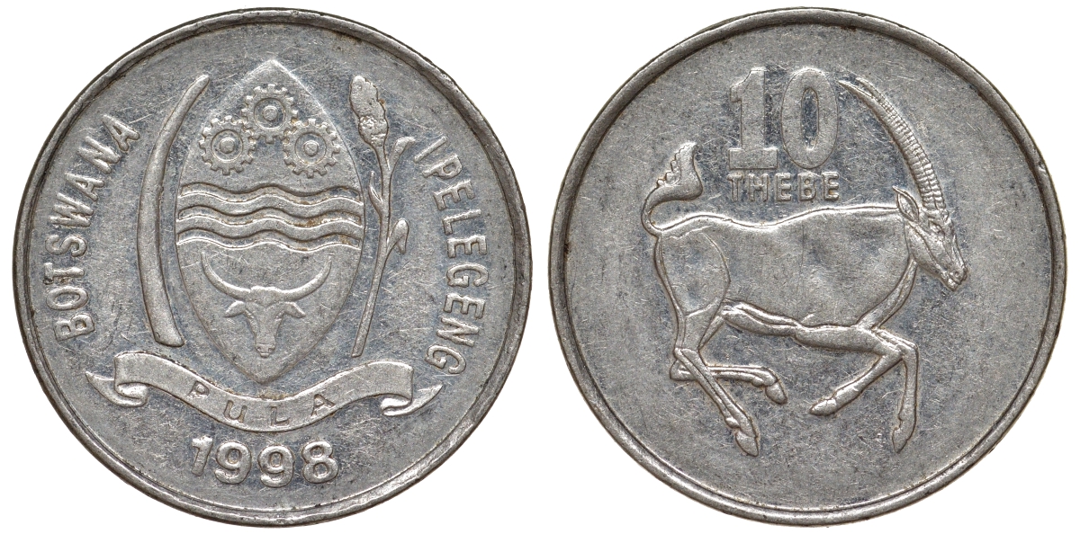 Ботсвана 10 тхебе 1998 сернобык KM 27 никелированная сталь 4164-537