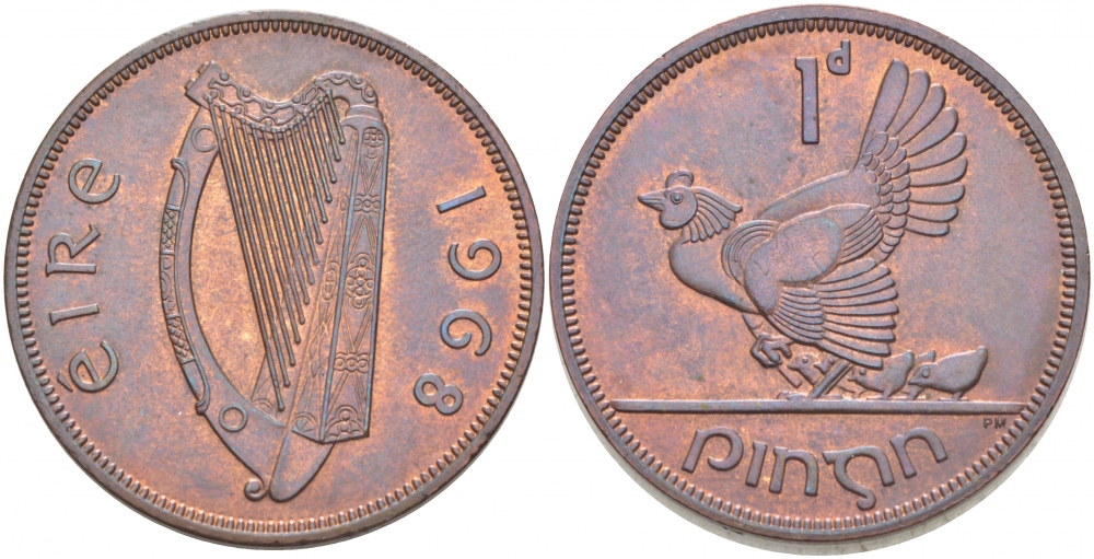 ИРЛАНДИЯ 1 ПЕННИ 1968 КУРИЦА С ЦЫПЛЯТАМИ KM 11 бронза 4403-1042