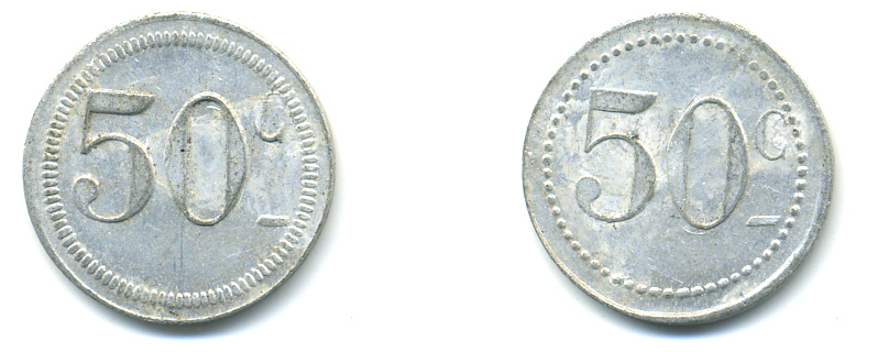 ФРАНЦИЯ 50 САНТИМОВ НАЧАЛО XX ВЕКА d 24 мм, вес около 1,0 гр., платежный жетон алюминий 89-941