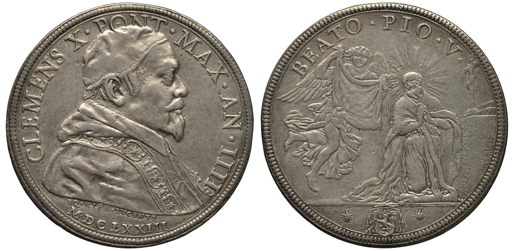 Ватикан 1 пиастр AN IIII/1673 Климент X. Канонизации Пия V Dav. 4076, Muntoni 11 серебро 10-005-54