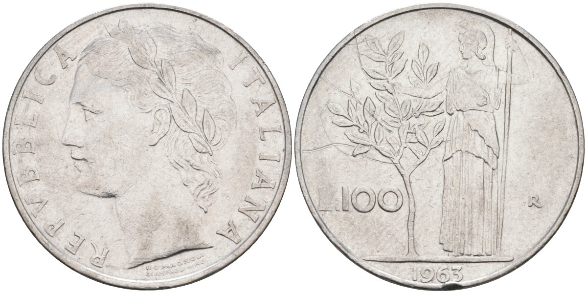 Италия 100 лир 1963 R, Афина в доспехах KM 96.1 нержавеющая сталь 4683-446
