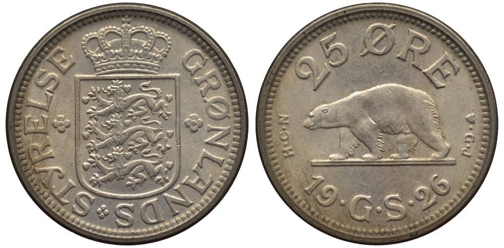 Гренландия 25 эре 1926 NCN; CJ, медведь, датская колония, Кристиан X (1912-1947) KM 5 медно-никель 186-1044