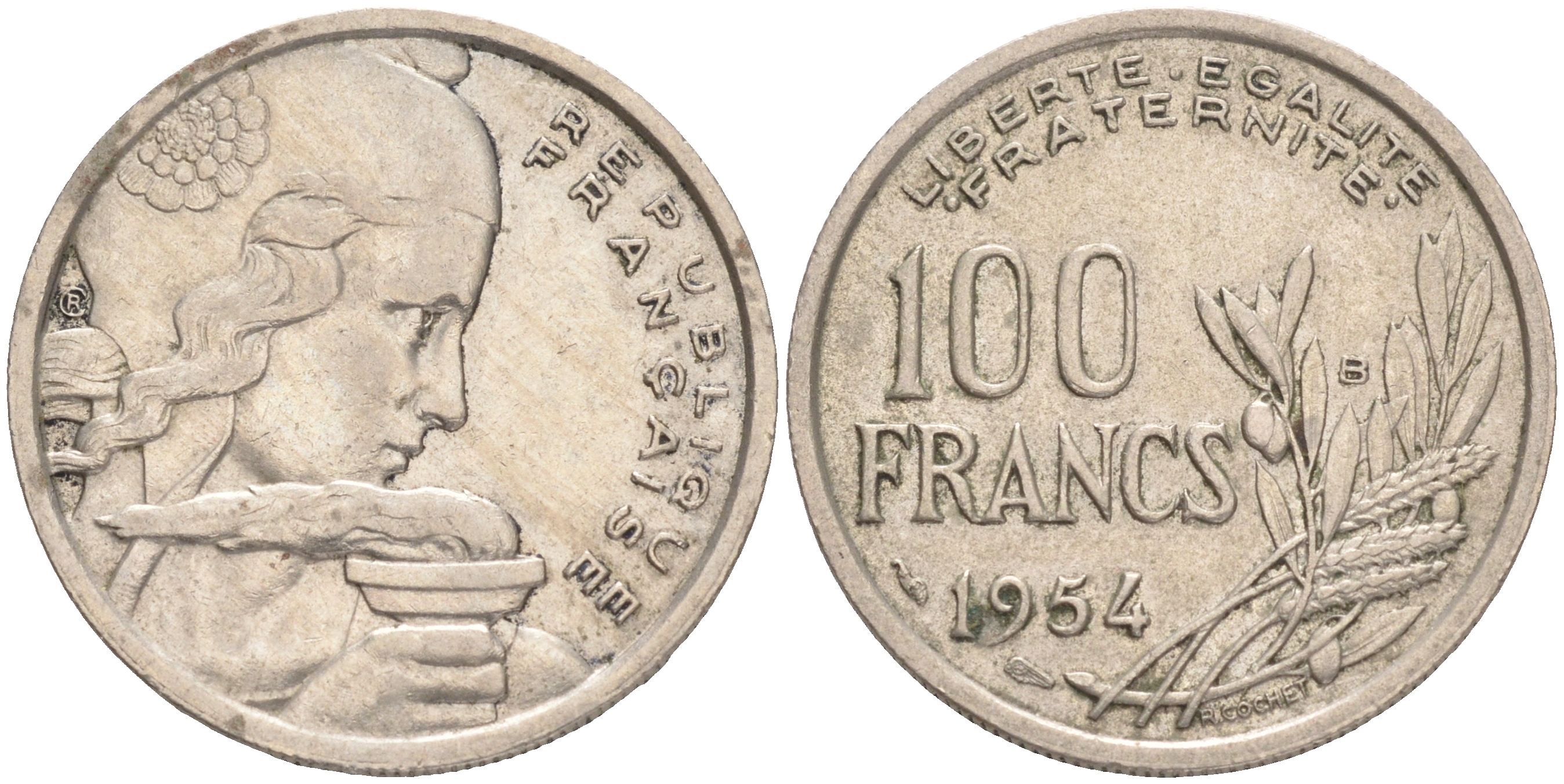 ФРАНЦИЯ 100 ФРАНКОВ 1954 В KM 919.2. LE FRANC 450.3 медно-никель 4556-157