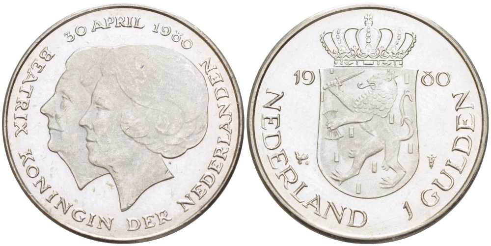 Нидерланды 1 гульден 1980 на коронацию Беатрикс, 30 апреля 1980 KM 200 никель 213-1245