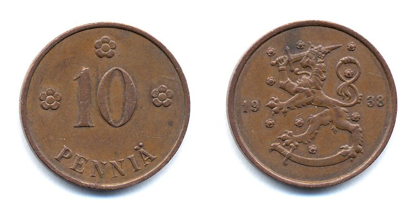 Финляндия 10 пенни 1938 KM 24 медь 51-5646