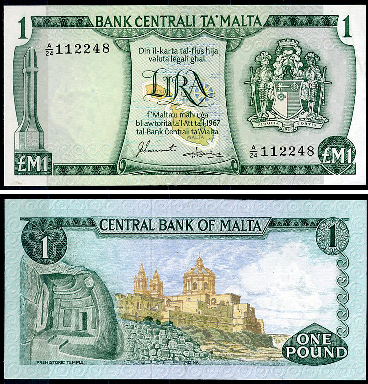 Мальта 1 лира L. 1967 (1973) карта, Кафедральный собор Святого Павла в Мдине, J. Sammut & H. de Gabriele Pick 31 f  бумага  UNC (пресс) 451-1241-3