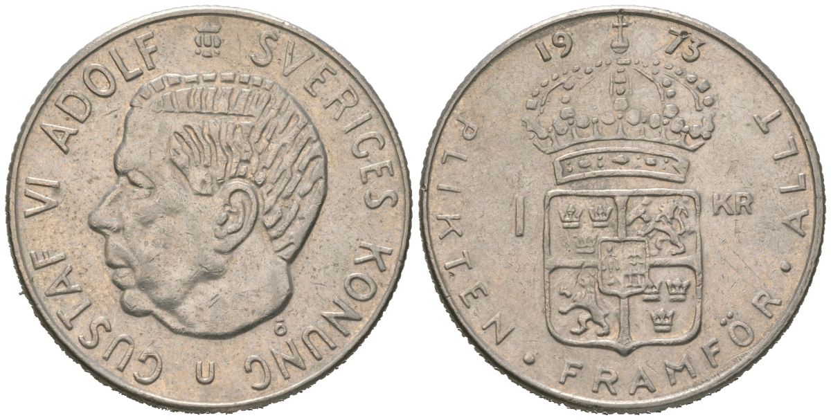 Швеция 1 крона 1973 Густав VI Адольф (1950-1973) KM 826a медь плакированная медно-никелем 4604-1047