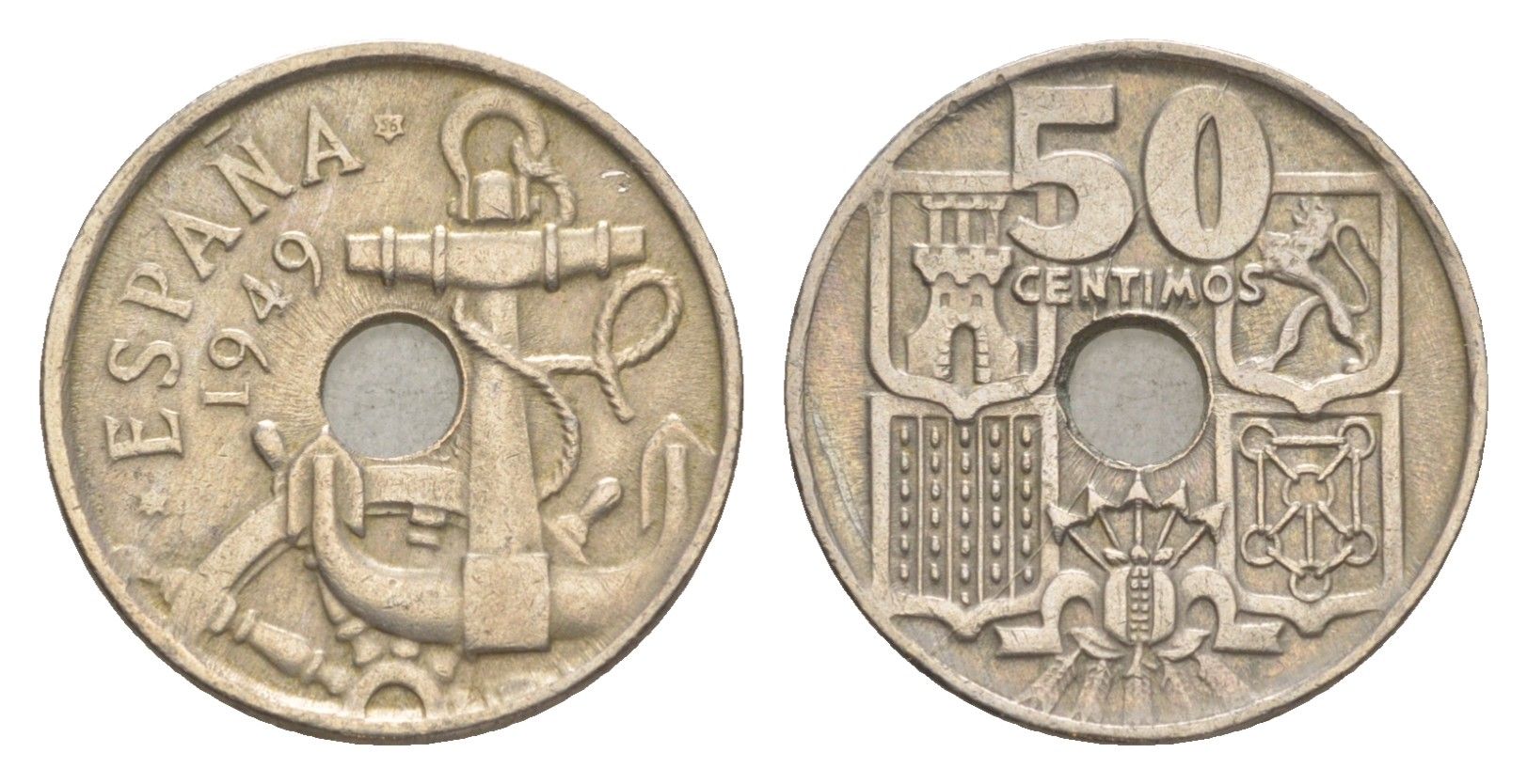 Испания 50 сентимо 1949 (56) Франсиско Франко (1939-1975) KM 777 медно-никель 4623-644