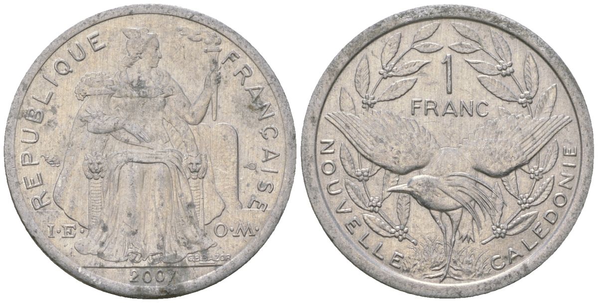 Французская Новая Каледония 1 франк 2007 птица кагу, (IEOM) KM 10, Schoen 10 алюминий 55-115