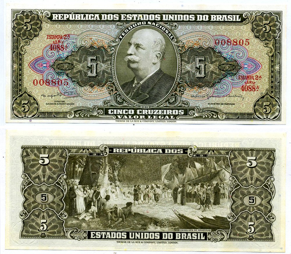Бразилия 5 крузейро 1964 ESTAMPA 2A, SERIA 4088A, подпись 14 Pick 176d бумага UNC (пресс) 6299-38-3-1