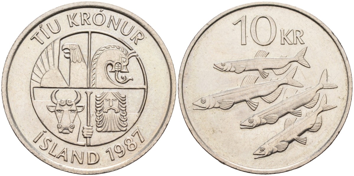 Исландия 10 крон 1987 рыбы KM 29.1 медно-никель UNC 4591-516