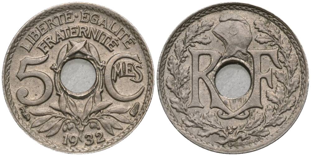 ФРАНЦИЯ 5 САНТИМОВ 1932 ТИП LINDAUER, PETIT MODULE KM 875, LE FRANC 122.15 медно-никель 4549-1235