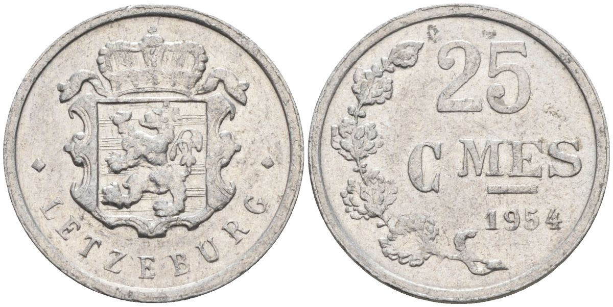 Люксембург 25 сантимов 1954 первый год KM 45а.1 алюминий 4549-1257