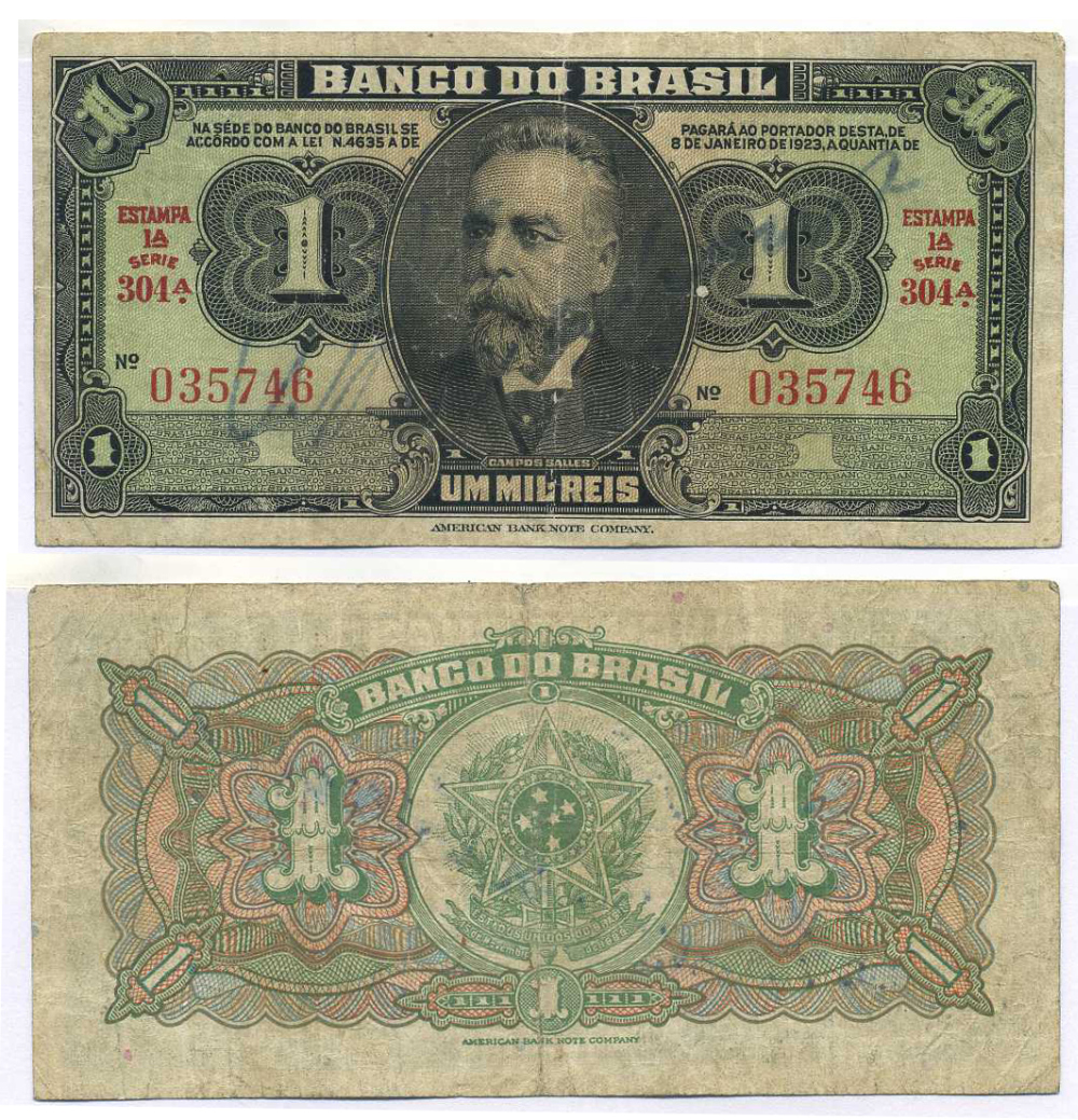 БРАЗИЛИЯ 1 МИЛ РЕЙС 1923 ESTAMPA 1A, СЕРИЯ 304А Pick 110В бумага 8595-26-1-1