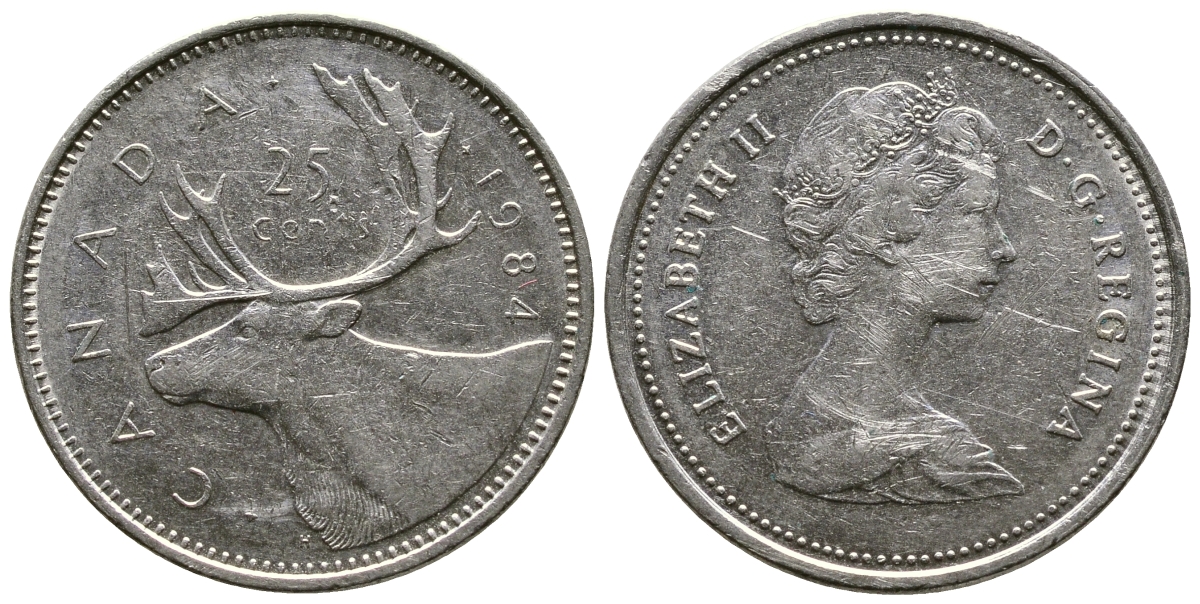 КАНАДА 25 ЦЕНТОВ 1984 ОЛЕНЬ, ЕЛИЗАВЕТА II KM 74 никель 4364-2631