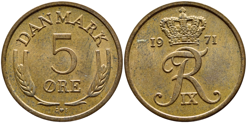ДАНИЯ 5 ЭРЕ 1971 C; S, ФРЕДЕРИК IX (1947-1972) KM 848.1 бронза 4398-854