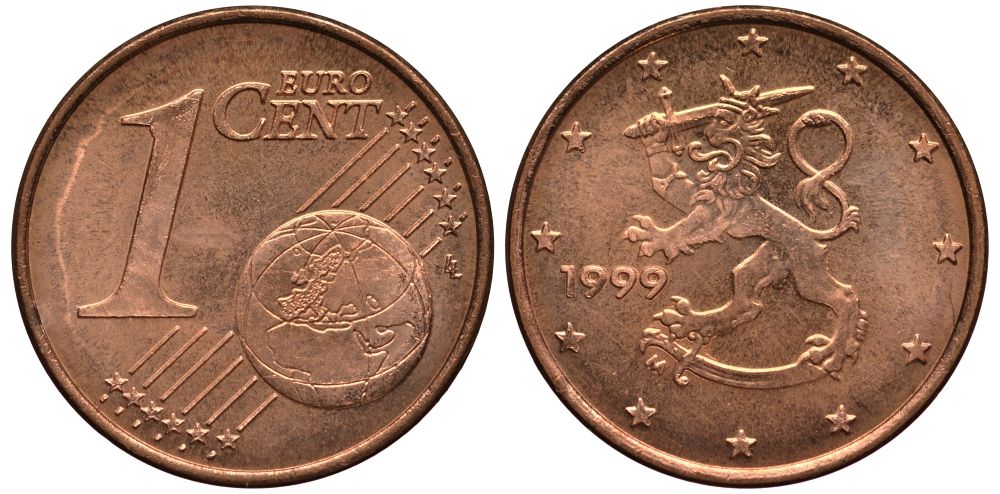Финляндия 1 евроцент 1999 KM 98 сталь плакированная медью XF-UNC 4181-163