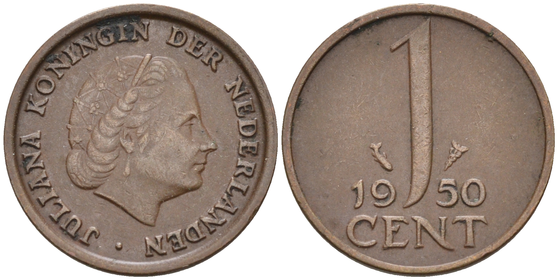 Нидерланды 1 цент 1950 Юлиана (1948-1980) КМ 180 бронза    4174-538