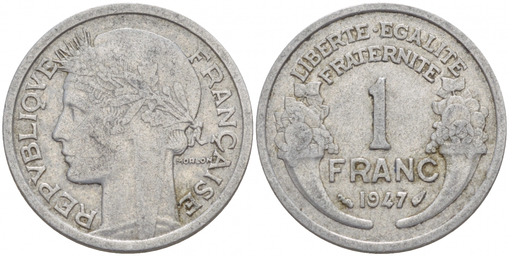 ФРАНЦИЯ 1 ФРАНК 1947 KM 885a.1 алюминий 4546-1232