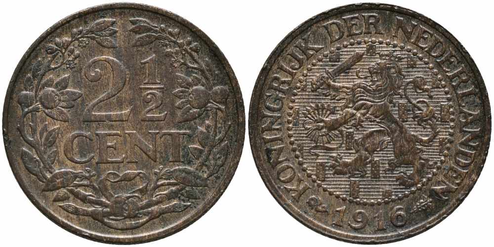 НИДЕРЛАНДЫ 2 1/2 ЦЕНТА 1916 ВИЛЬГЕЛЬМИНА (1890-1948) KM 150 бронза 87-413