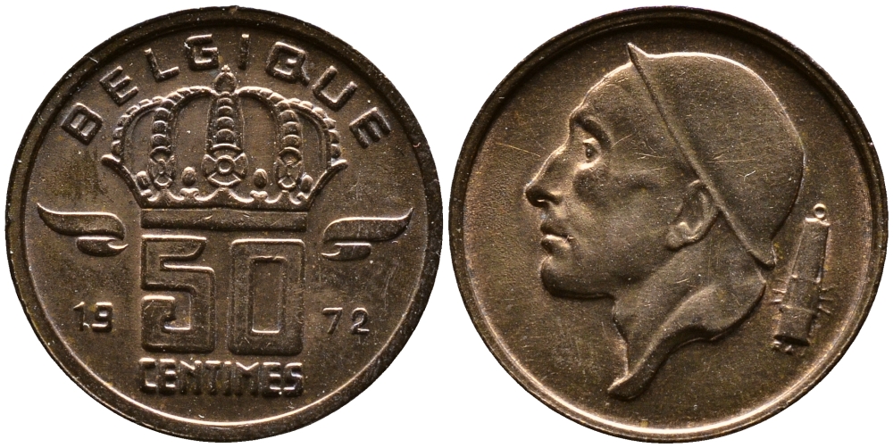 БЕЛЬГИЯ 50 САНТИМОВ 1972 BELGIQUE KM 148.1 бронза 4387-625