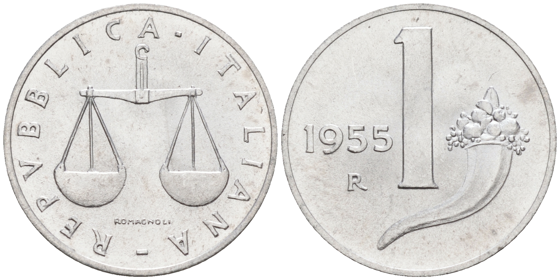 Италия 1 лира 1955 R, весы KM 91 алюминий  UNC  4594-722
