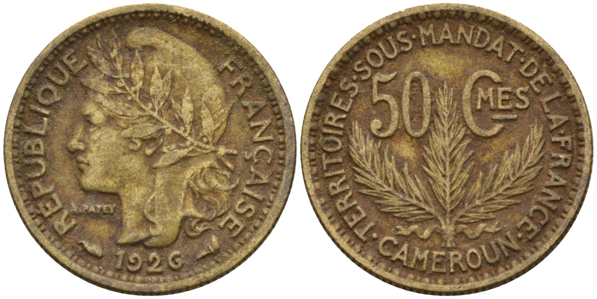 Камерун 50 сантимов 1926 (a), мондвор Париж KM 1 алюминиевая бронза 4164-1265
