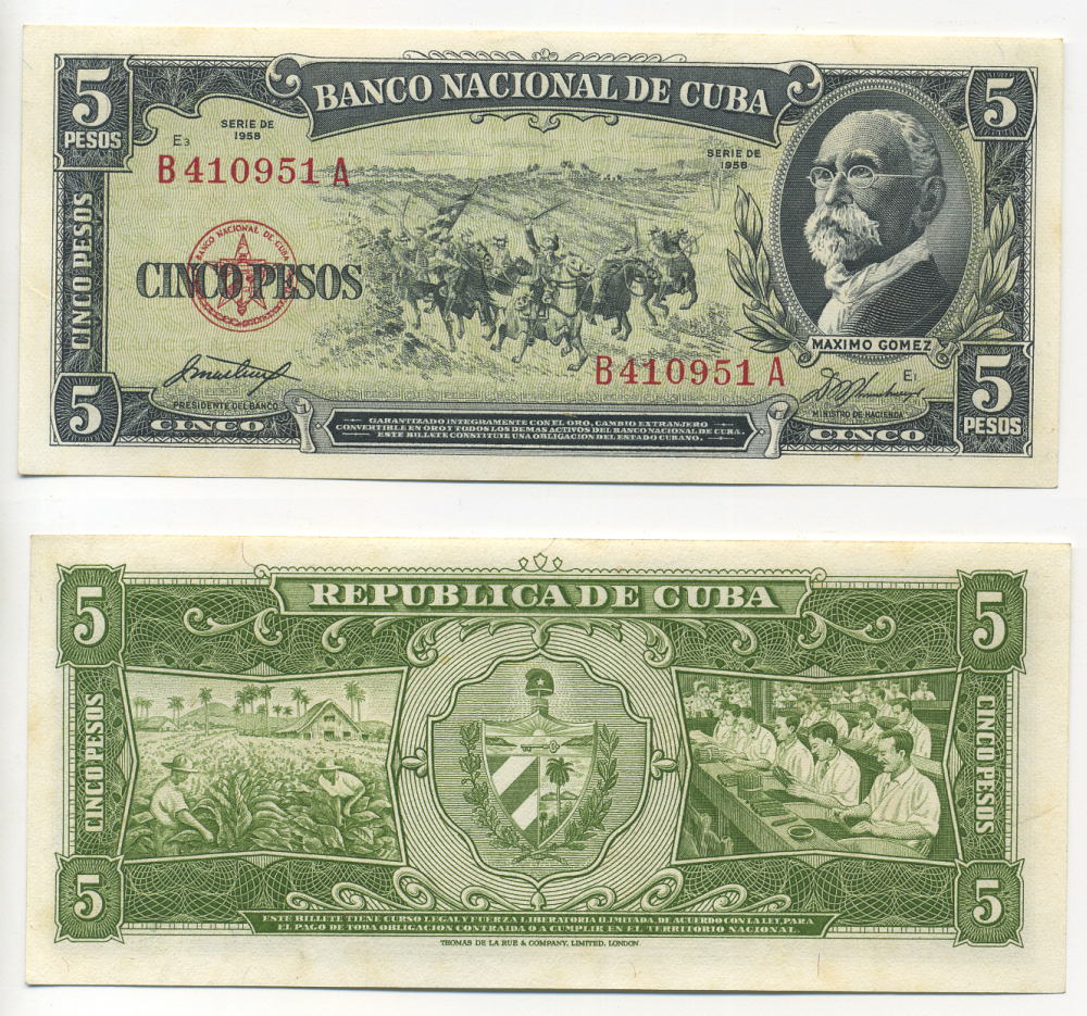КУБА 5 ПЕСО 1958 МАКСИМО ГОМЕС Pick 91а бумага UNC (ПРЕСС) 000-00-00