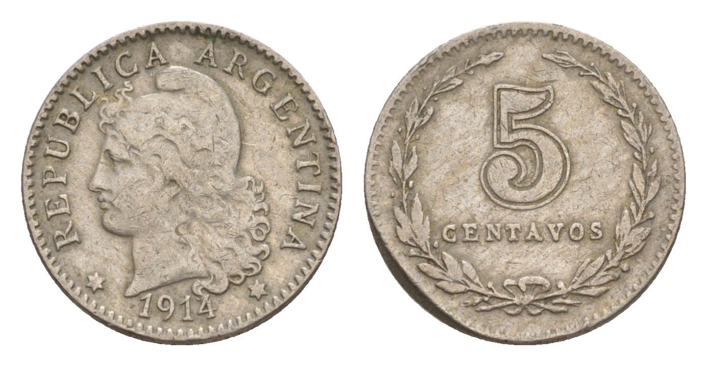 Аргентина 5 сентаво 1914 редкий год KM 34 медно-никель 413-812