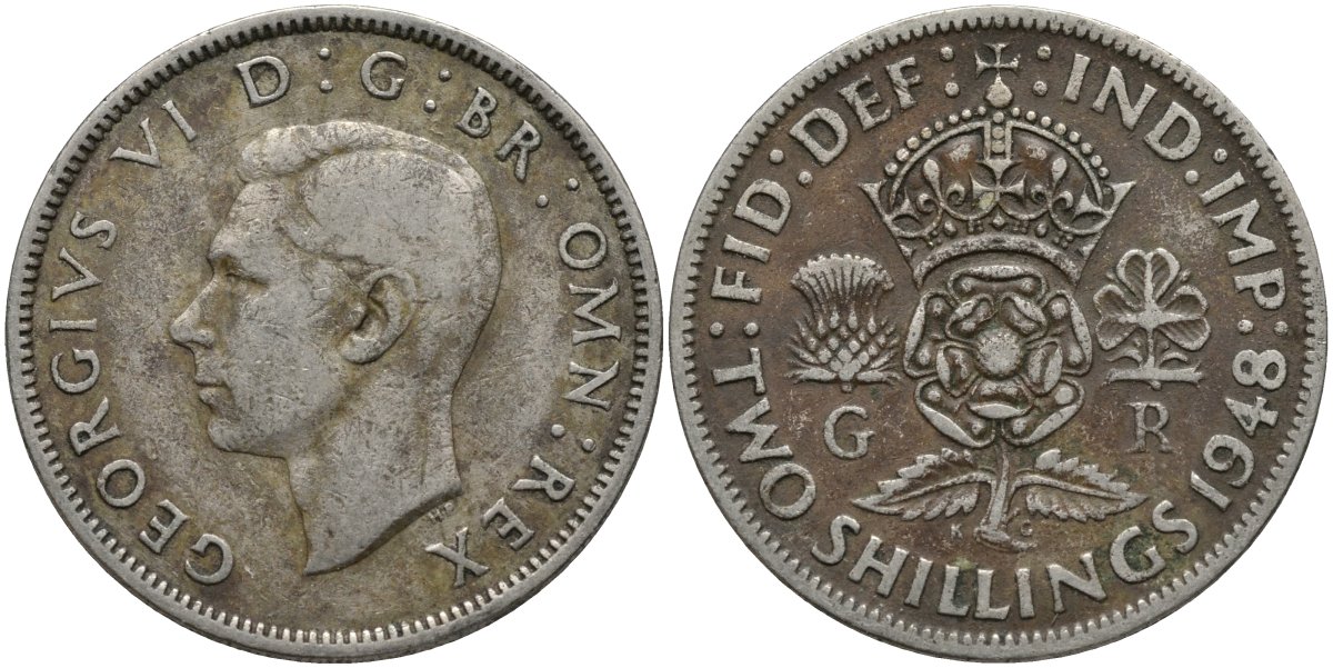 Великобритания 2 шиллинга (флорин) 1948 Георг VI (1936-1952) KM 865, Spink 4102 медно-никель 215-825