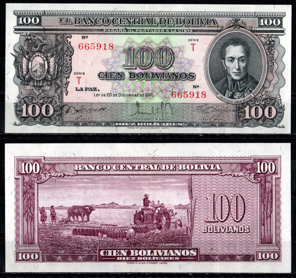 Боливия 100 боливиано 1945 серия T, Симон Боливар, работы в поле Pick 142 (4)  бумага  UNC (пресс) 451-1345-3