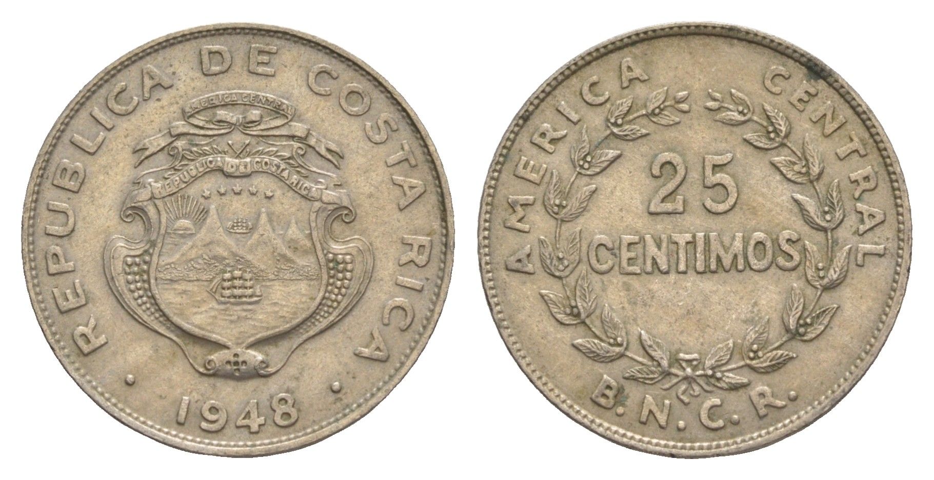 Коста-Рика 25 сентимо 1948 KM 175 медно-никель 4644-615