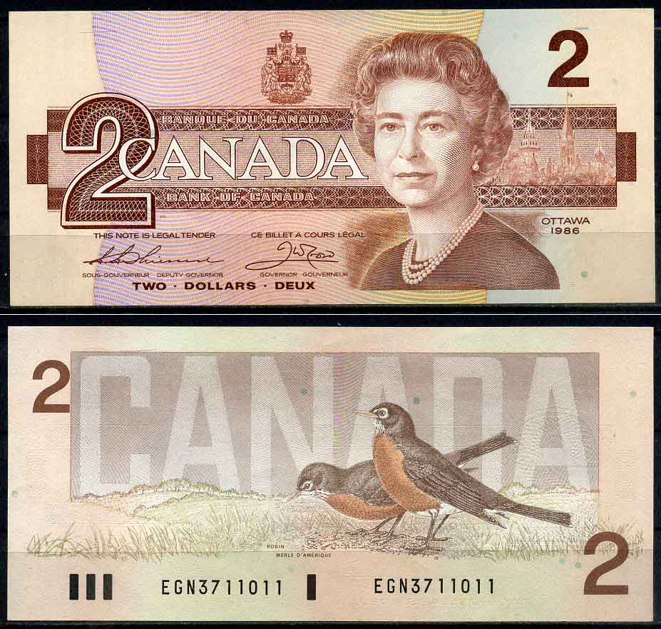 Канада 2 доллара 1986 Елизавета II, здание Парламента, подпись Thiessen-Crow Pick 94 b бумага UNC (пресс) 447-53-3