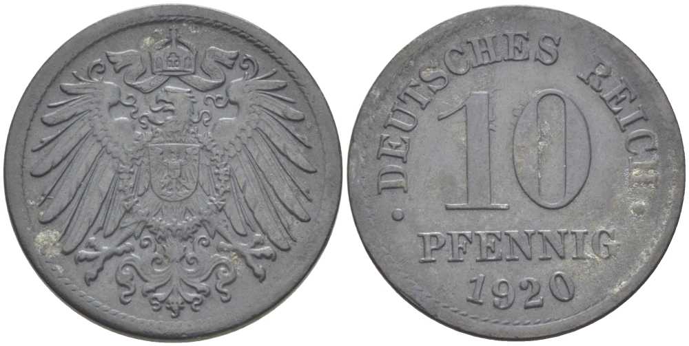 Германия 10 пфеннигов 1920 KM 26, J. 299, Weege 8 цинк 210-232