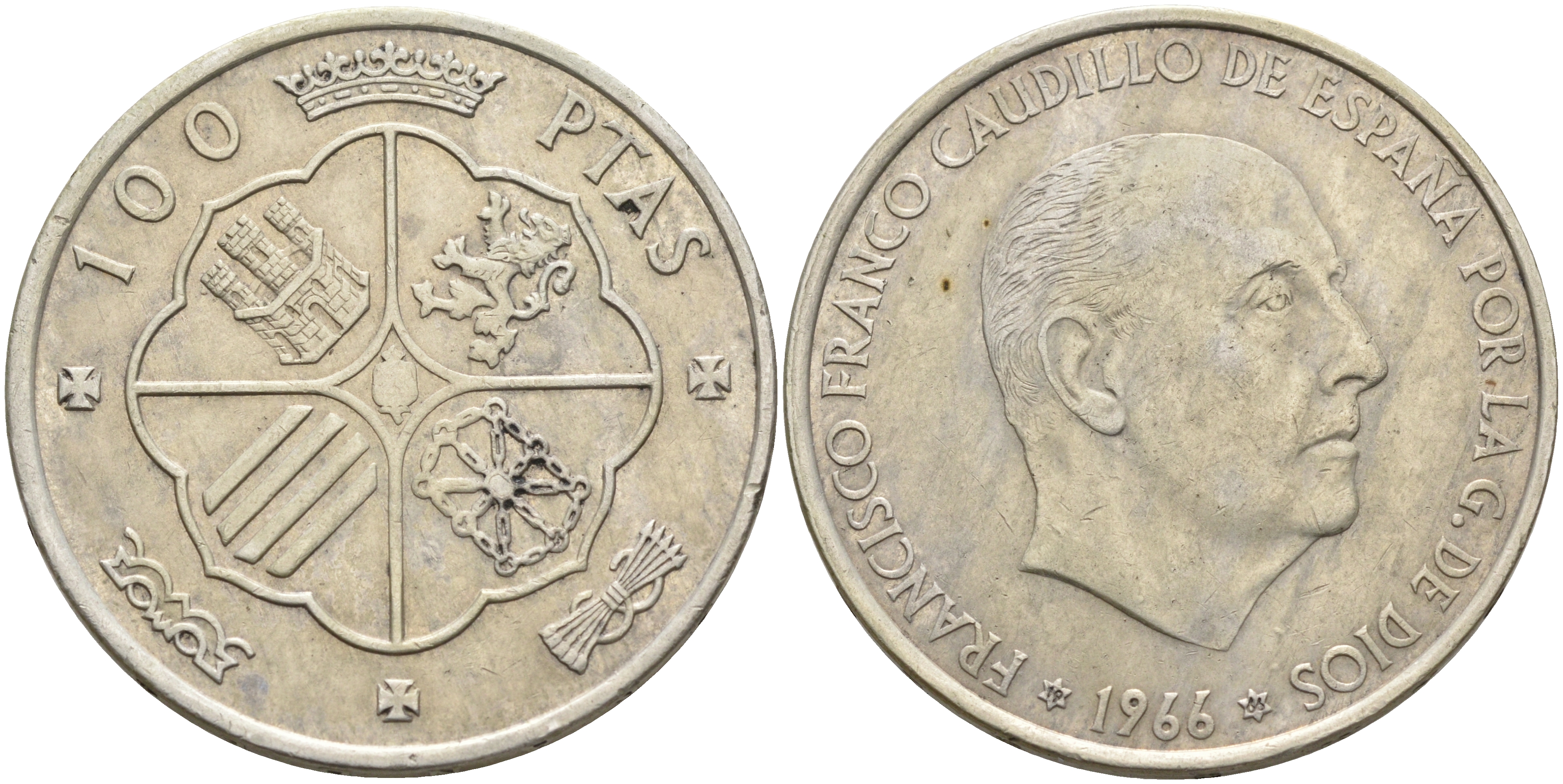 Испания 100 песет 1966 (66) Франсиско Франко (1939-1975) KM 797 серебро 118-113