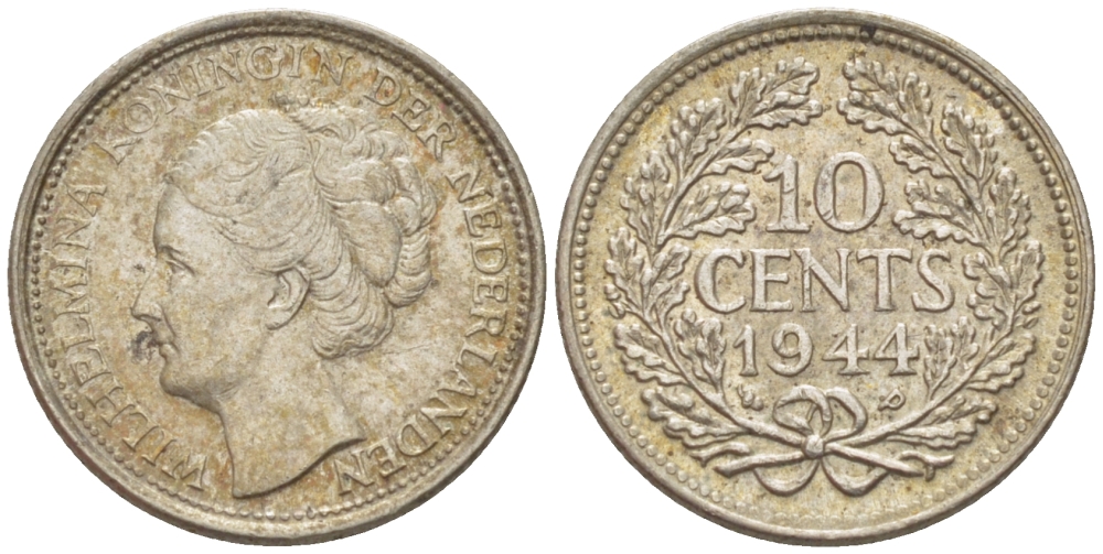 Нидерланды 10 центов 1944 Вильгельмина (1890-1948) KM 163 серебро aUNC 4392-1337