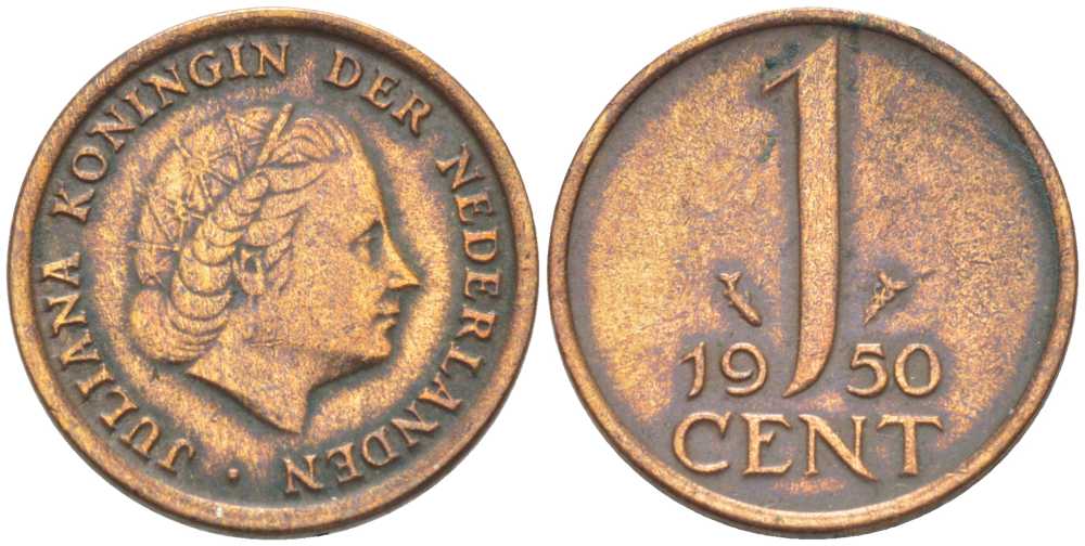 Нидерланды 1 цент 1950 Юлиана (1948-1980) КМ 180 бронза 214-1022