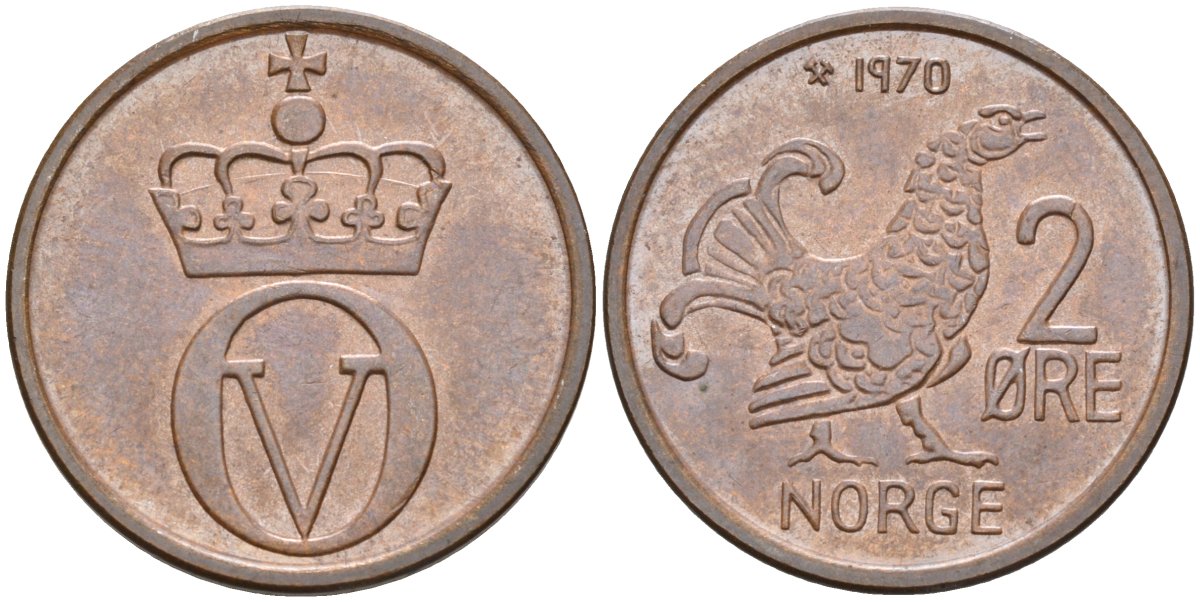 Норвегия 2 эре 1970 глухарь, Улаф V (1958-1991) KM 410 бронза UNC 4582-534