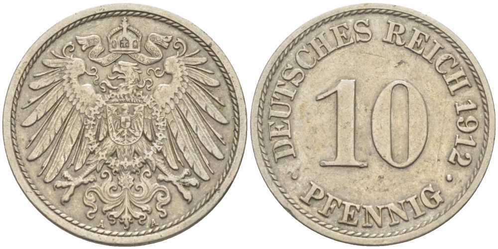 ГЕРМАНИЯ 10 ПФЕННИГОВ 1912 A KM 12, J. 13 медно-никель 175-222