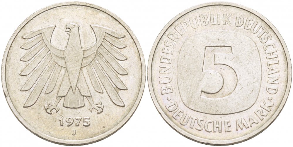 ФРГ 5 марок 1975 J, монетный двор Гамбург КМ 140.1, J. 415 медно-никель плакированный никелем 59-433